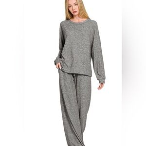 Zenana Soft Melange Hacci Long Slv Tee & Pants Set